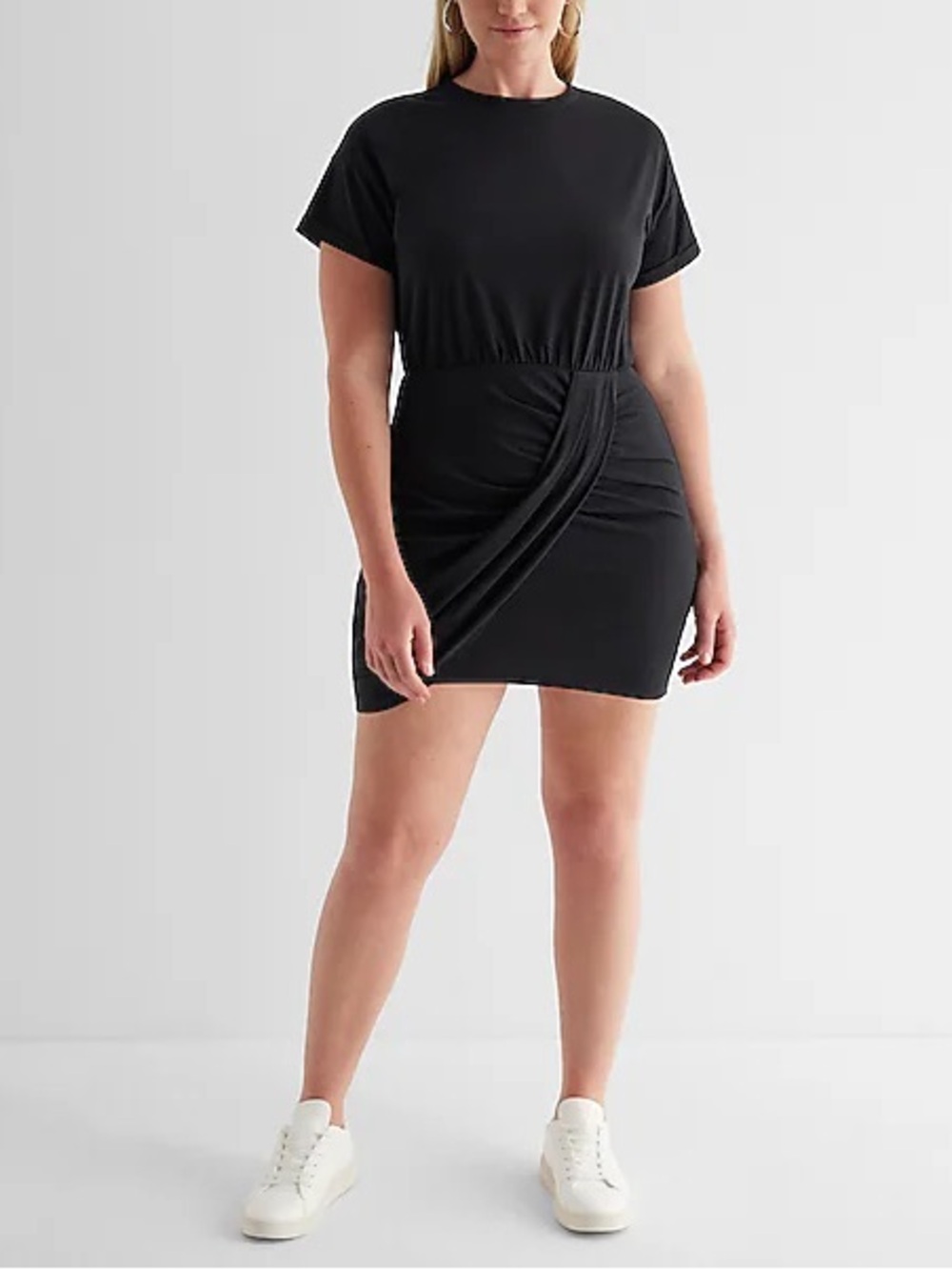 Express Black Ruched Mini Dress – Size XL – Twist Front Detail